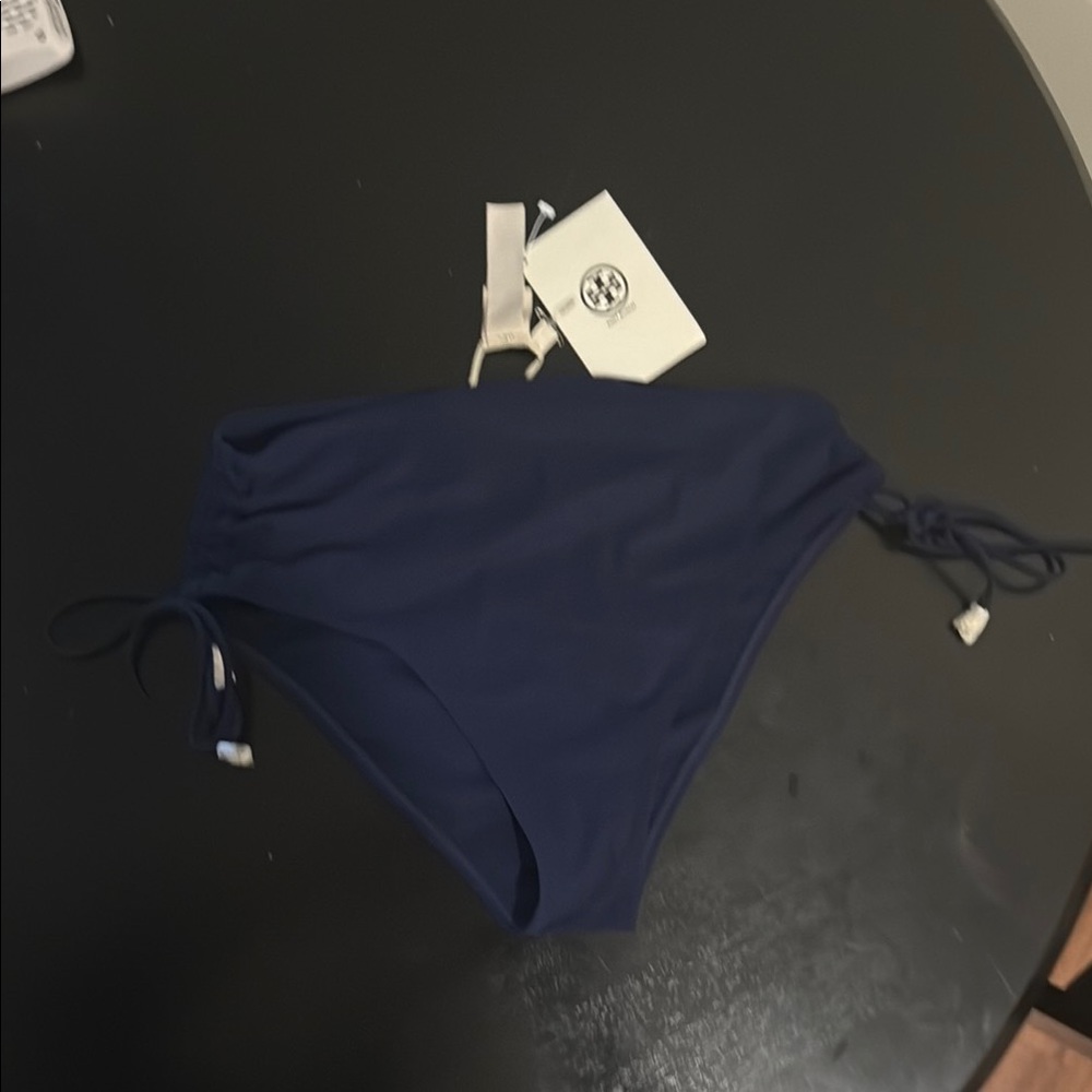 Tory Burch High Waisted Navy Blue Bikini Bottom with Side Ties